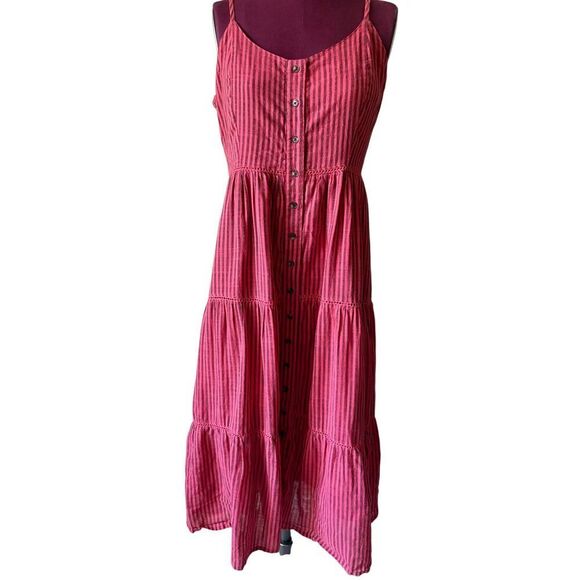 Anthropologie Sundry Elena Tiered Midi Dress size 2 Red Striped Sleeveless - Picture 2 of 10